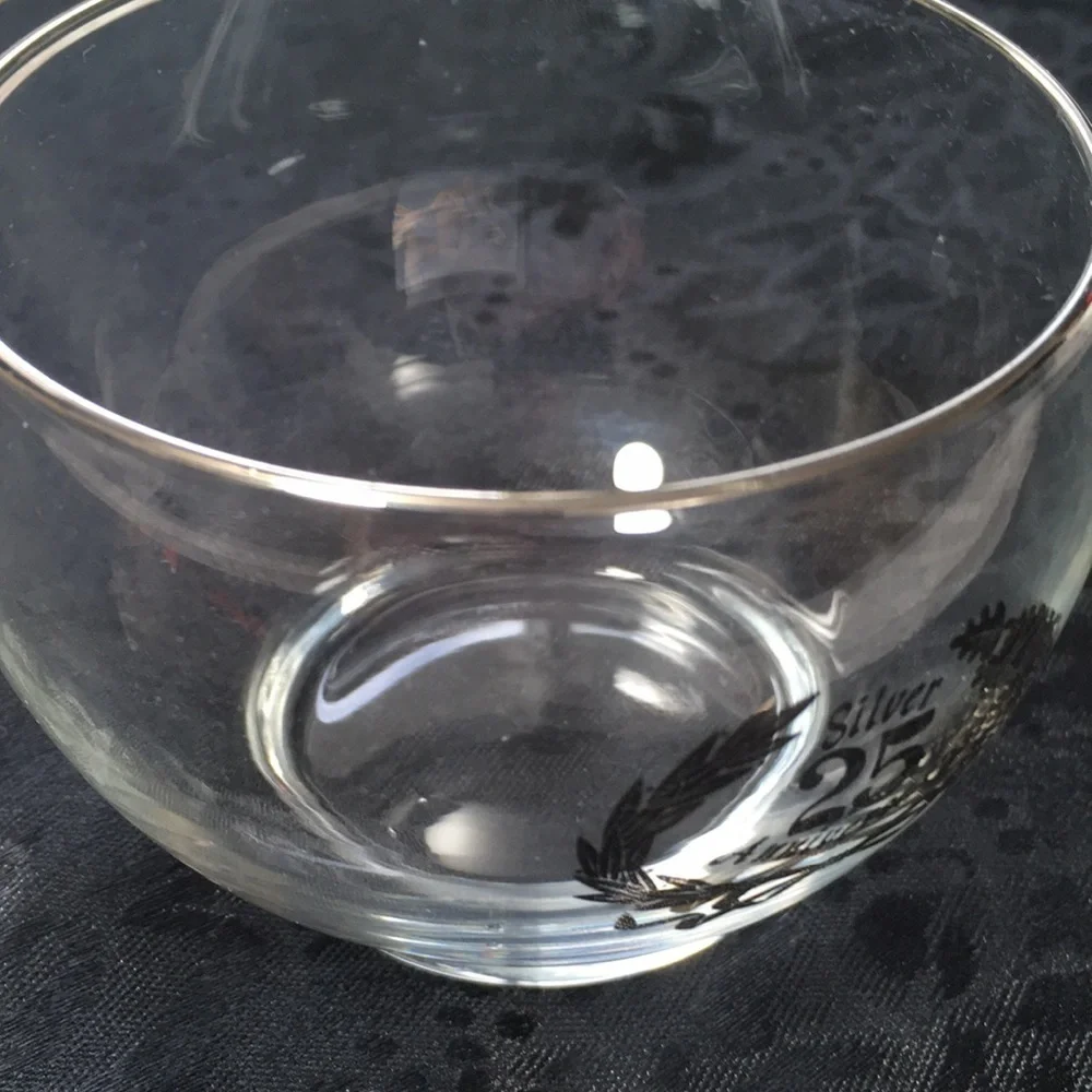 Vintage 25th Silver Anniversary Glass Sugar Bowl with Spoon Silver Rim Crest